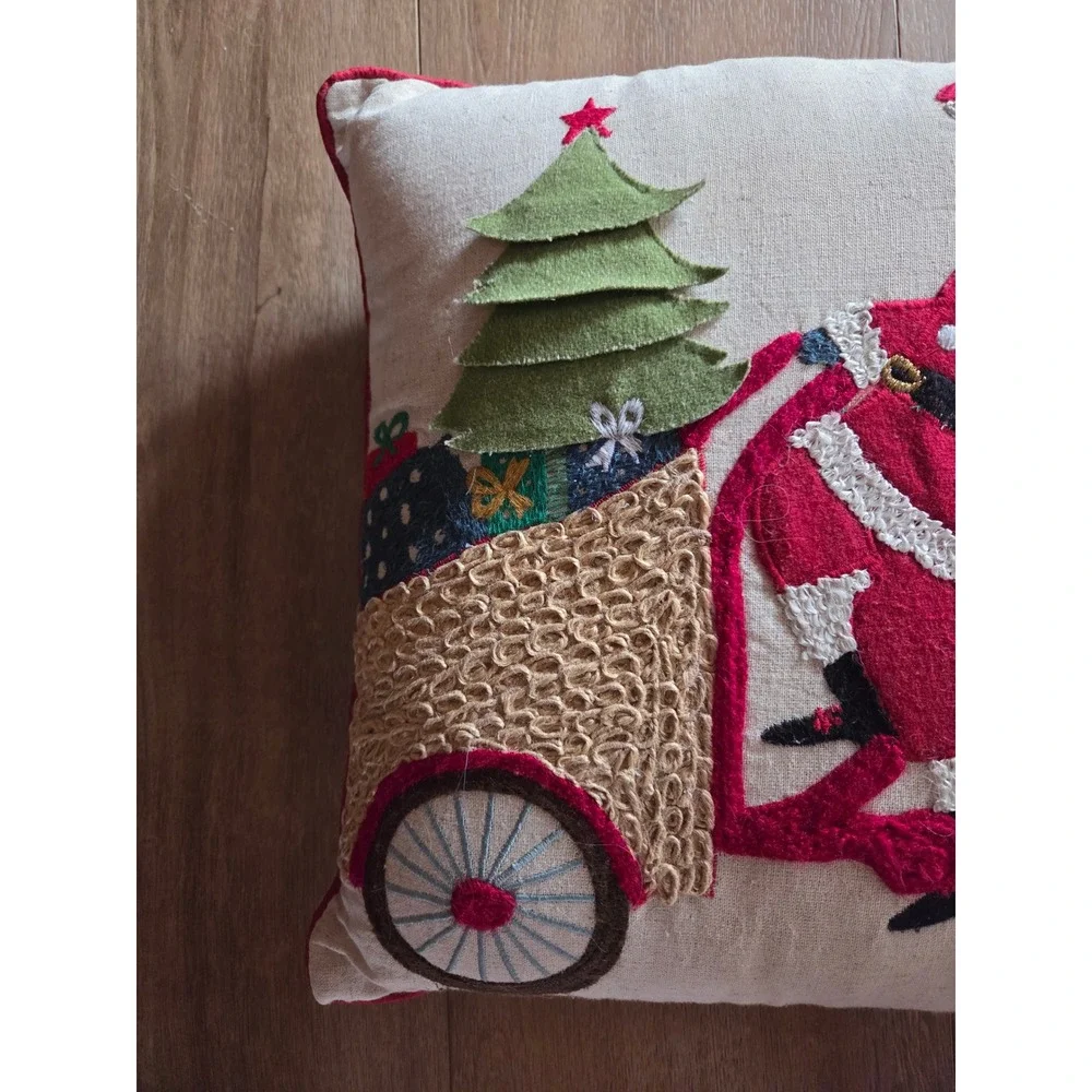 World Market Embroidered Santa Christmas Bike Pillow‎ Cover Red
